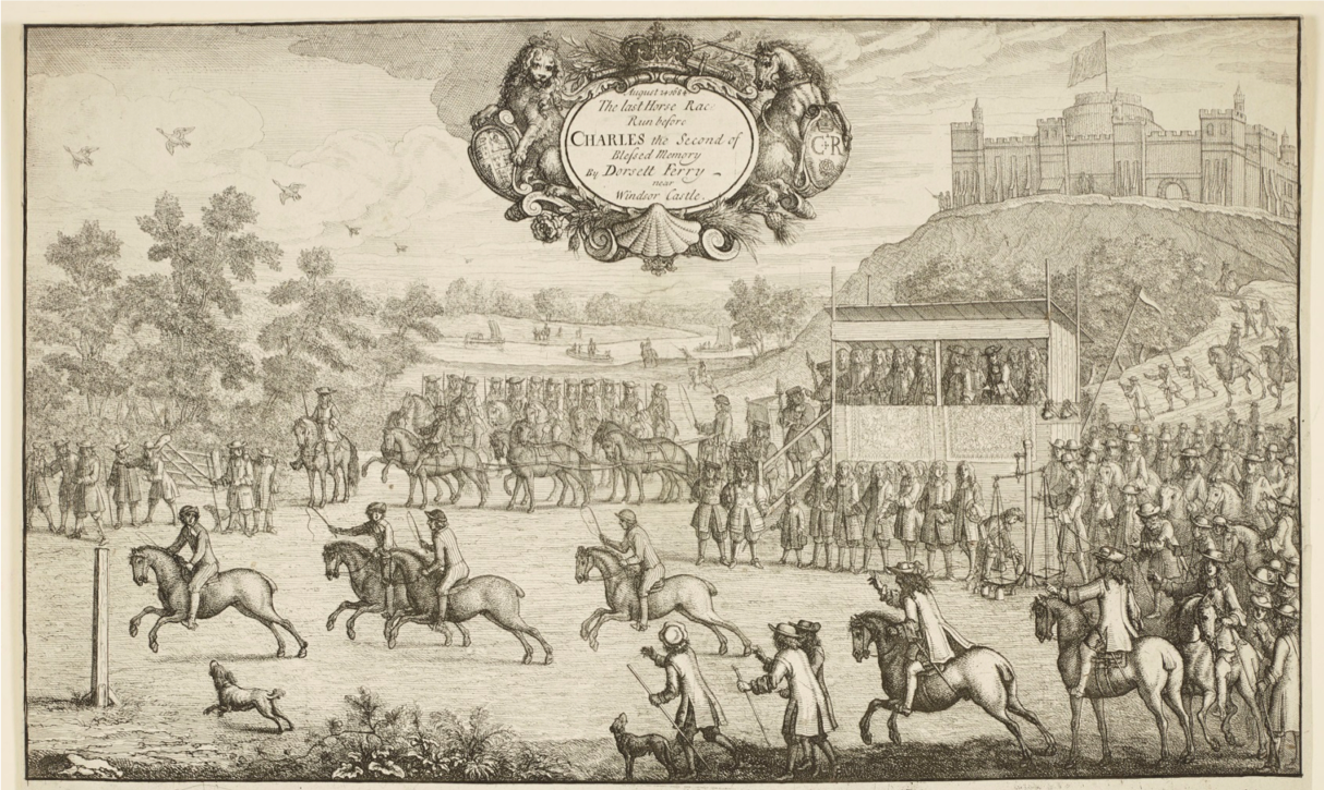 図10．1684年8月24日にウィンザー城の隣地で、開催中の競馬を謁見するチャールズ2世　Francis Barlow, The Last Horse Race Run before CHARLES the Second of Blessed Memory by Dorsett Ferry near Windsor Castle. 1687